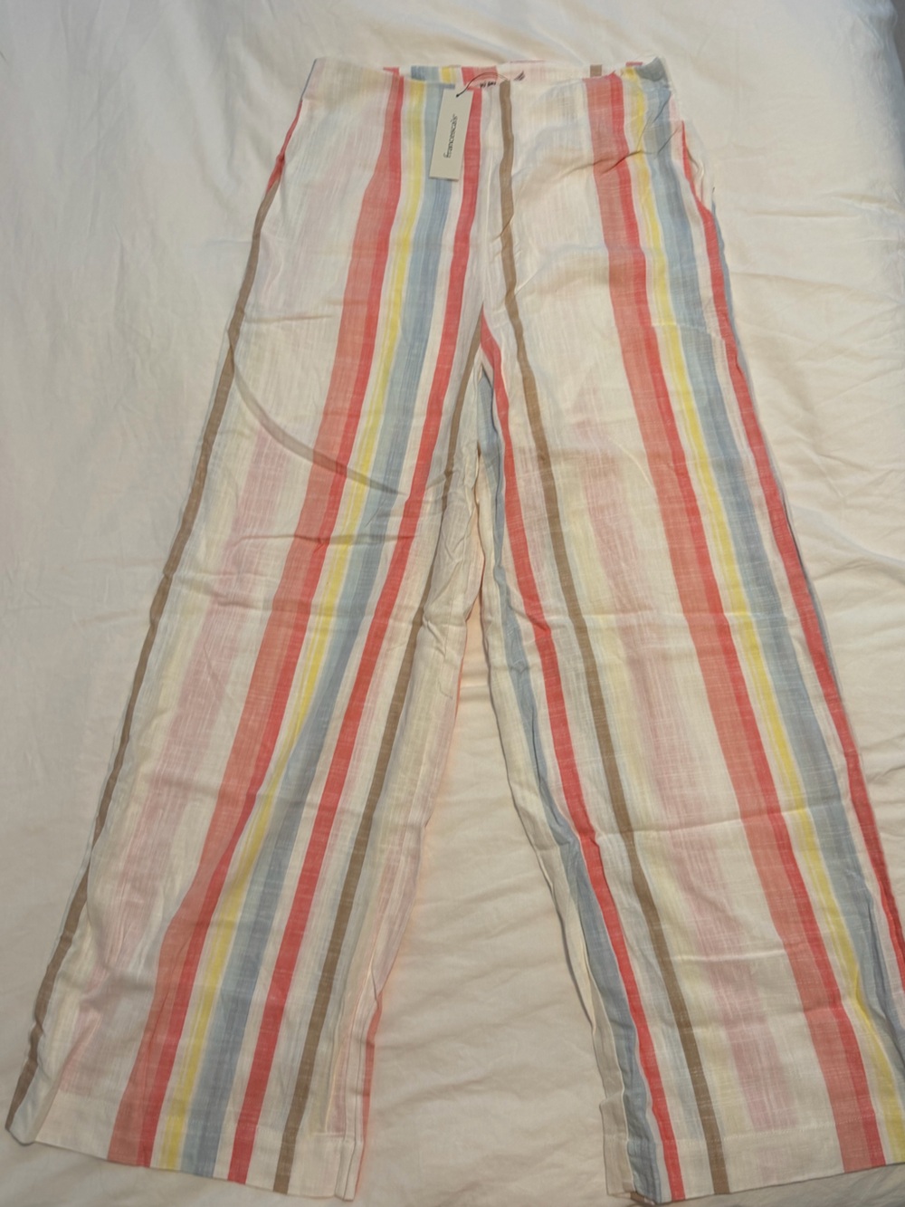 Francesca's Collections Wide-Leg Striped Linen Pants in Coral, Blue & Yellow